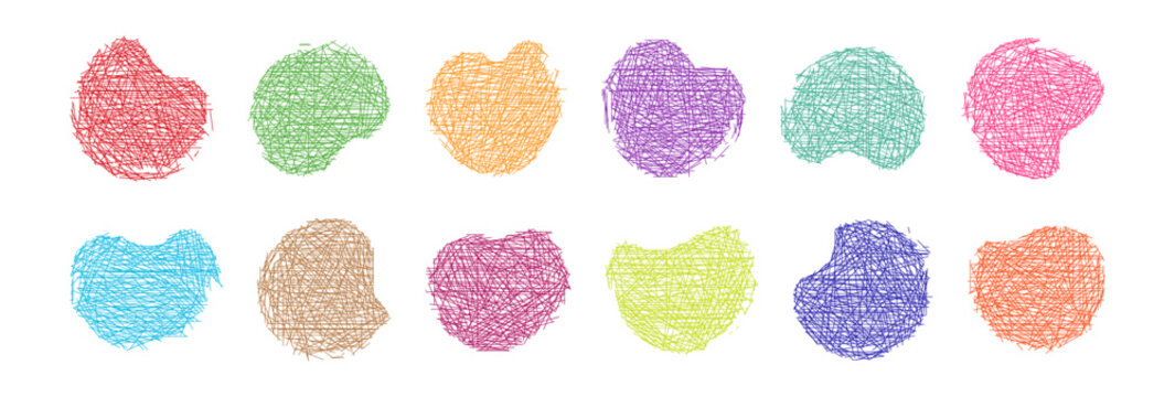 Crayon shape cloud, organic doodle line texture. Bubble pencil hand draw, colorful scribble figure. Scratch graphic collage freeform isolated on background. Cartoon round curve set Vector illustration