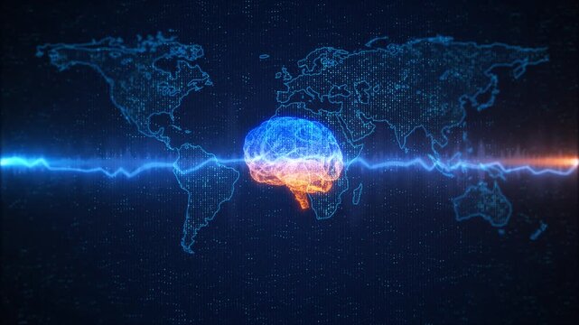 Digital brain world map data points, network lines, waves link . global artificial intelligence, machine learning, neuroscience, analytics, automation, communication, future 19 presentations.