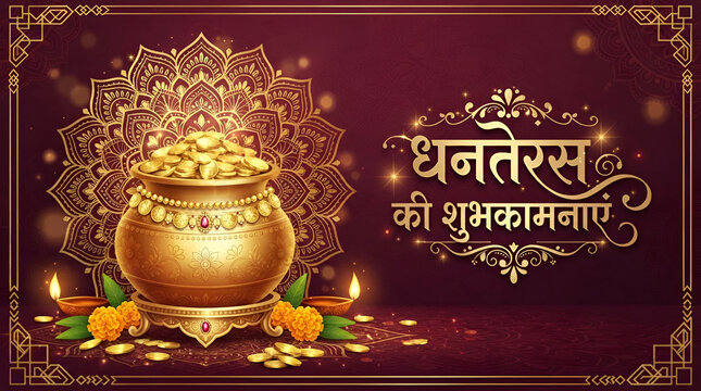 decorative happy dhanteras religious background pray for wealth and prosperity . Translation: Happy Dhanteras, dhan means wealth teras means thirteen