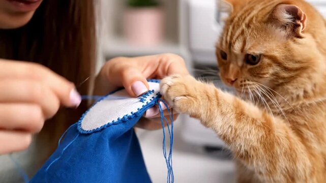 Ginger Cat Playfully Attacking Thread and Needle While a Woman Sews Blue Fabric in a Creative Home Setting