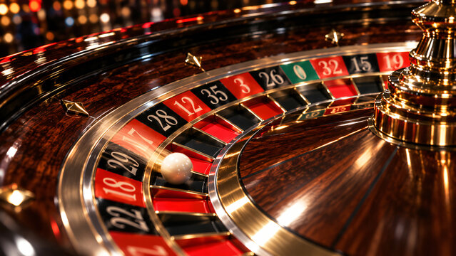 Close up of a luxury roulette wheel with a white ball, red and black numbered pockets, polished wood and golden details in a sophisticated casino environment