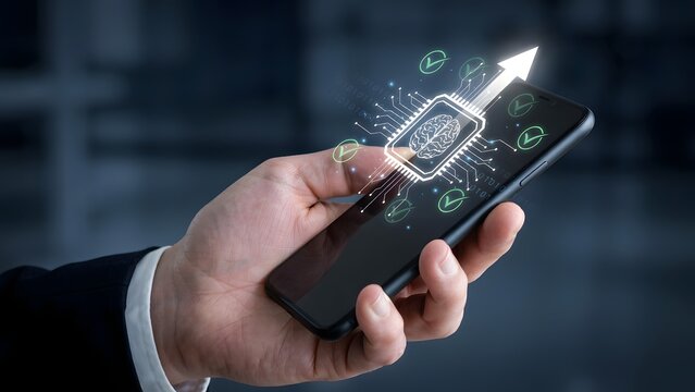 Close up of a businessman holding a smartphone with a digital brain interface and glowing growth chart representing advanced artificial intelligence development