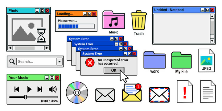 Retro operating system UI element bundle, classic 90s computer desktop interface set, vintage y2k error message popup window, old pixel icon design graphic collection.