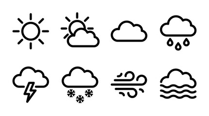 Fototapeta premium Weather outline icon set with sun, cloud, rain, snow, wind, fog, and lightning elements for meteorological forecast