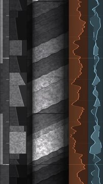 Geological drill core scrolling upward beside grain size and gamma ray wireline logs with lithology column in rich basalt tones vertical 9:16