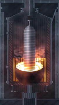 Czochralski crystal pulling with silicon boule rising from the melt, bright meniscus ring and growth striations in vibrant argon tones vertical 9:16
