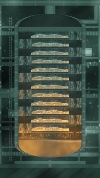 Distillation column cutaway with sieve trays, bubbling froth layers and downcomer liquid cascade, seamless loop in rich copper tones vertical 9:16