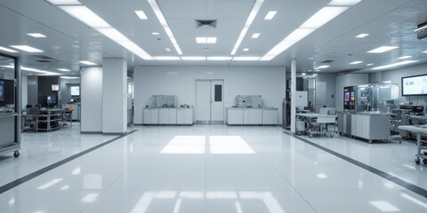 Obraz premium Cleanroom Facility for High-Tech Manufacturing A sterile cleanroom with smooth, white tile floors and walls lined with stainless steel panels.