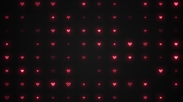 Glowing pink hearts shimmer across a background, fresh romantic pattern vivid neon contrast. Valentine campaigns, dating apps, wedding edits, love stories, social posts, greeting cards, music visual