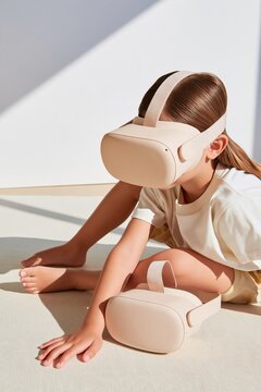 Child sitting on floor wearing virtual reality headset, second headset beside her, bright natural light casting shadows on white interior