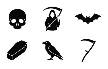 Fototapeta premium Halloween Icons: Grim Reaper, Skull, Bat, Coffin, Raven, Scythe Vector Set