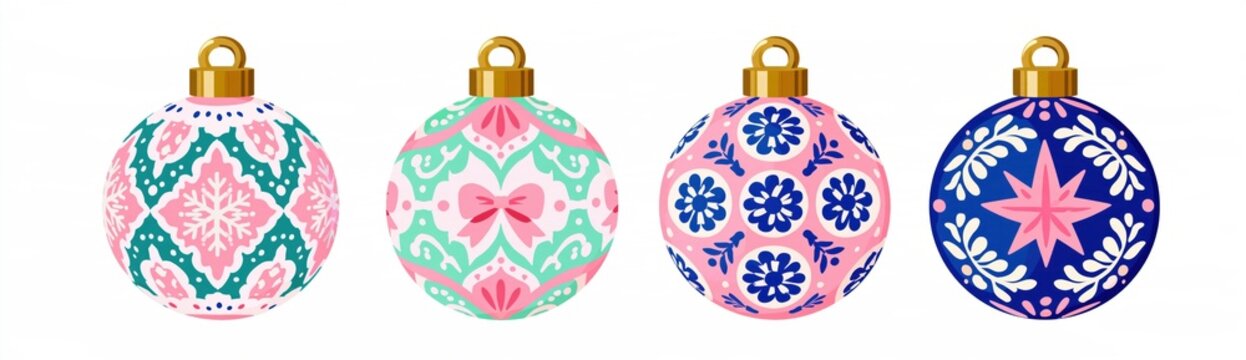 Set of Four Isolated Folk Art Christmas Bauble Ornaments with Colorful Folkloric Patterns