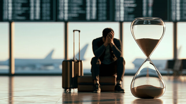 A tired passenger is sitting at the airport with a suitcase, while large hourglasses symbolize waiting, flight delays, and a lack of time.