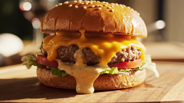 Mouthwatering cheeseburger with dripping sauce. Hot burger on wooden board with steam. Indulgent food concept