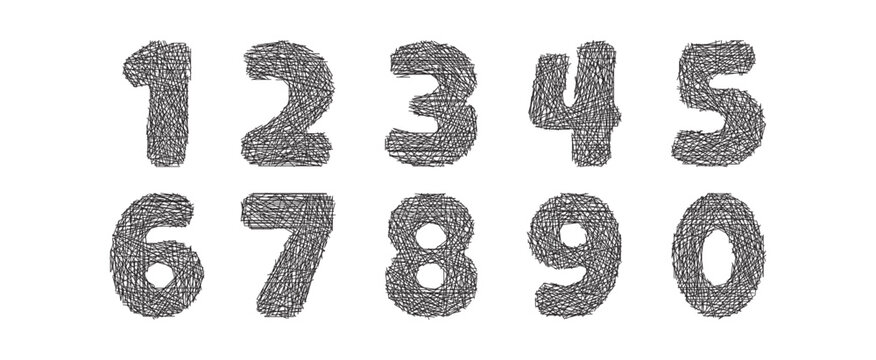 Font number doodle, lid type line pencil texture. Letter crayon hand drawn, sketch number scratch. Black pen education icon set isolated on white background. Cartoon collage style. Vector illustration