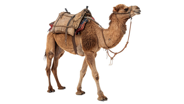 Wild adult brown camel standing in full body isolated on transparent background.