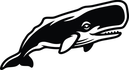 Stylized black and white sperm whale layout rendering displaying sharp teeth and tail fluke. © Vector Creative Art