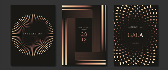 Obraz na płótnie Canvas Luxury wedding invitation vector templates set. Black and gold elegant event cards with geometric lines, glowing dotted circles and modern gala poster designs