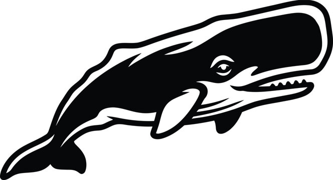 Stylized black and white sperm whale layout rendering displaying sharp teeth and tail fluke.