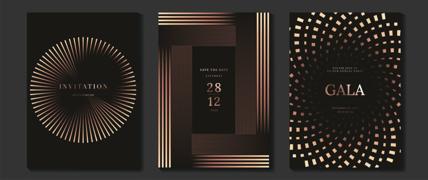 Luxury wedding invitation vector templates set. Black and gold elegant event cards with geometric lines, glowing dotted circles and modern gala poster designs