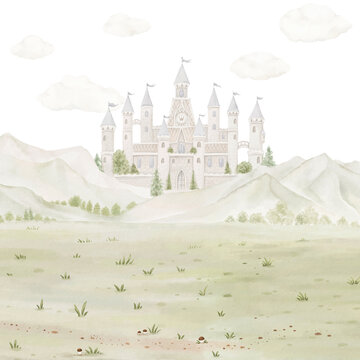 Watercolor landscape with green meadow, cute castle in the mountains on backdrop clouds. Square hand-drawn delicate template for your design wallpapers, cards, invitations, kids mural, print or poster
