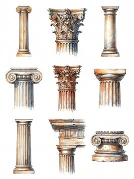 Hand-drawn watercolor collection featuring classical Greek and Roman columns, Ionic capitals, and Corinthian pillars on a white background, perfect for architectural history and vintage design.