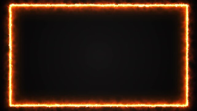 Hot rectangular fire border burns center, producing dramatic frame open copy space. action trailers, gaming intros, sports promos, danger alerts, music logo reveals, livestreams, cinematic titles.
