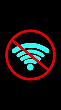 Animated no WiFi icon displays red ban wireless signal solid black. disconnected devices, unavailable internet, cyber security messages, travel notices, technical support, maintenance, outage