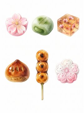 Exquisite watercolor illustration set of traditional Japanese wagashi sweets featuring sakura mochi, mitarashi dango, chestnut pastry, and cherry blossom jelly icons for spring tea ceremony.