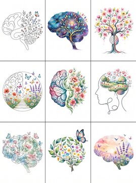 Artistic set of mental health concept illustrations with human brain icons blooming with flowers, lush trees and butterflies representing psychological growth, mindfulness, creativity and inner peace.