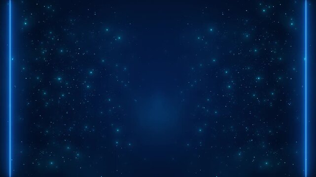 Blue particles sparkle deep background edge lights, wide central copy space. for corporate titles, 19 presentations, award graphics, product showcases, festive greetings, elegant event openers