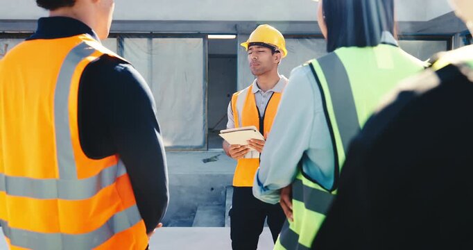 Team, meeting and builder with hands raised for question, construction training or project schedule. Man, speaker or contractor talking to group with answer for building security or safety briefing