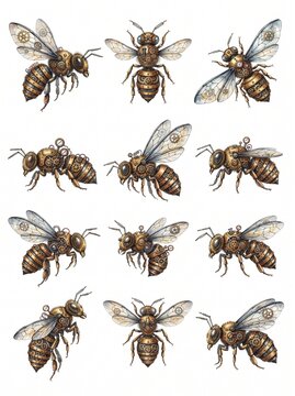 Collection of steampunk bee illustrations featuring intricate mechanical insects with gears, cogs, and brass details in vintage watercolor style. Nine clockwork wasps isolated on white background.