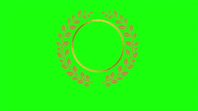 Golden circle frame with gold laurel wreath leaves isolated on green screen background.