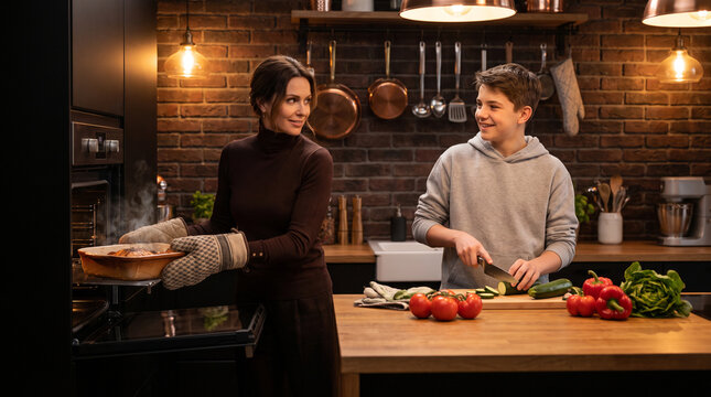 Happy mother in a brown turtleneck is taking a steaming hot baking dish out of the oven while her smiling teenage son is cutting fresh vegetables for a family dinner in a cozy brick kitchen.