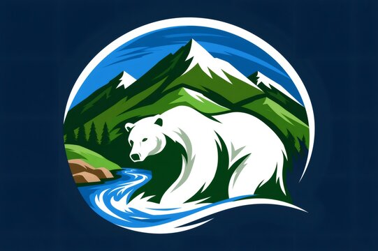 Polar bear walking in mountain river landscape illustration