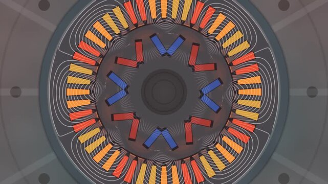 EV Traction Motor Cross Section With Three Phase Rotating Field and Flux Density Contours, Seamless Loop in soft blue tones
