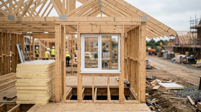 Close-up of a timber wall frame with roof trusses, insulation boards and window unit inside a growing housing site