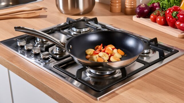 Vegetables cooking in frying pan on gas stove