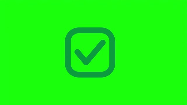Green check mark in rounded square box isolated on green screen background for video editing.