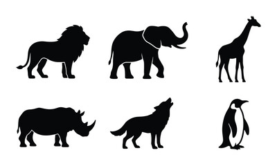 Fototapeta premium African Safari Wildlife Silhouettes: Lion, Elephant, Giraffe, Rhino, Wolf, Penguin Vector Icons