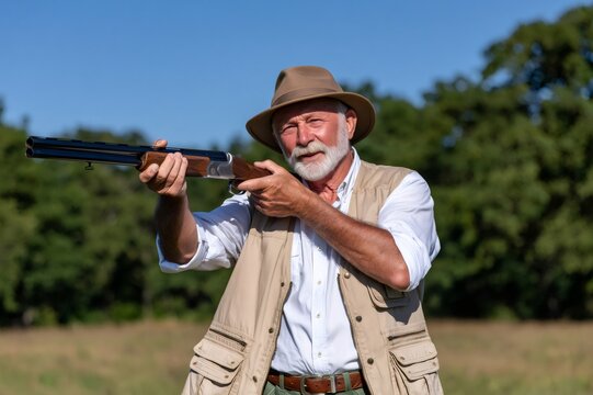 Senior man aiming shotgun for sport shooting hobby