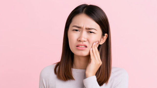 Young Asian woman with long brown hair shows discomfort while holding her cheek against a pink background. She appears to be experiencing tooth pain.