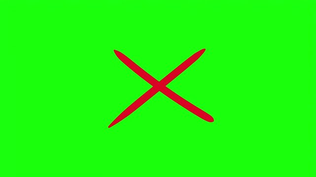 Red cross mark icon isolated on bright green screen background for video editing.