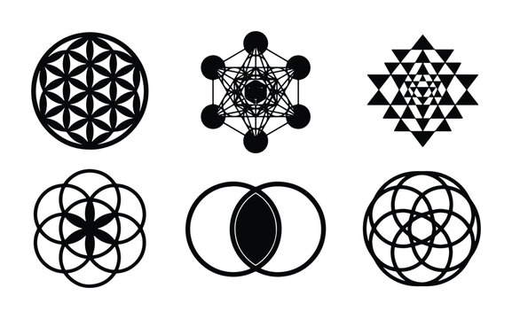 Sacred Geometry Symbols Vector Set: Metatron's Cube, Flower of Life, Sri Yantra, Seed of Life, Vesica Piscis, Circle Patterns