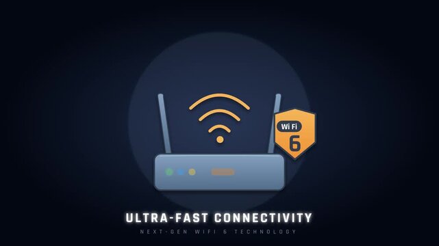 Concept animation of ultra-fast connectivity and next generation WiFi 6 technology featuring a wireless router icon with signal symbols for high speed internet on a dark background.