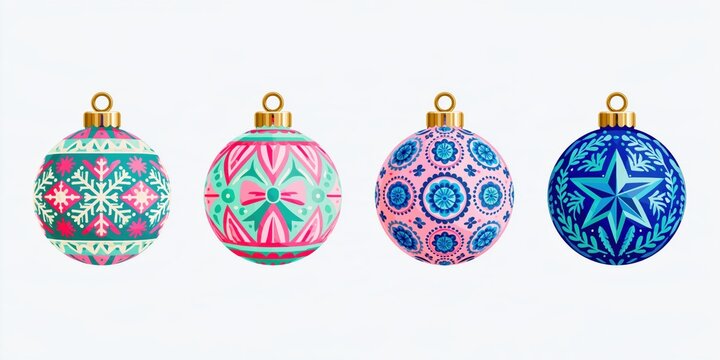 Set of Four Isolated Folk Art Christmas Bauble Ornaments with Colorful Folkloric Patterns