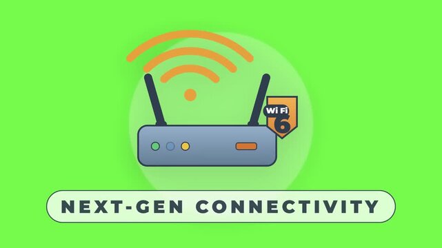 Next-generation wireless internet router with high-speed signal waves. Conceptual 2D illustration of modern networking hardware and broadband connectivity on a clean green background.