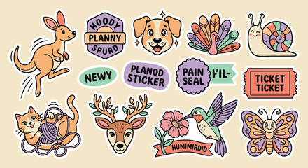 Obraz premium Vibrant sticker pack vector illustration featuring a jumping kangaroo, cute dog, colorful turkey, snail, cat with yarn, deer, hummingbird, and butterfly on a cream background.