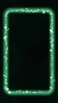 Light particles gathering into a frame border then dispersing again on black background, overlay element in calm emerald tones vertical 9:16